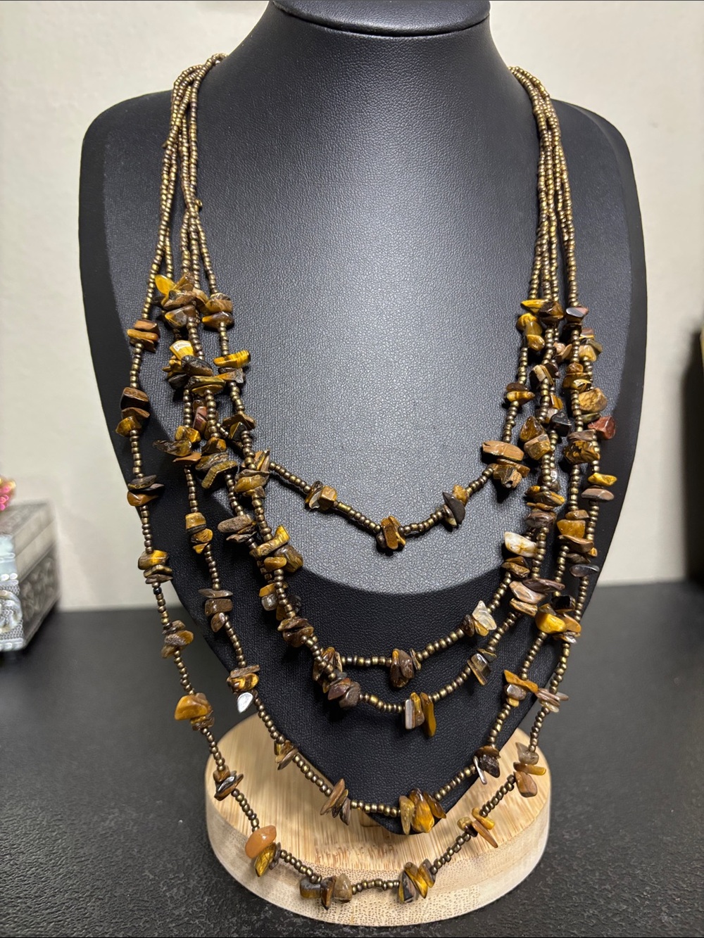 Vintage Boho Multi-Strand Tiger Eye Stone Bead Necklace - Brown